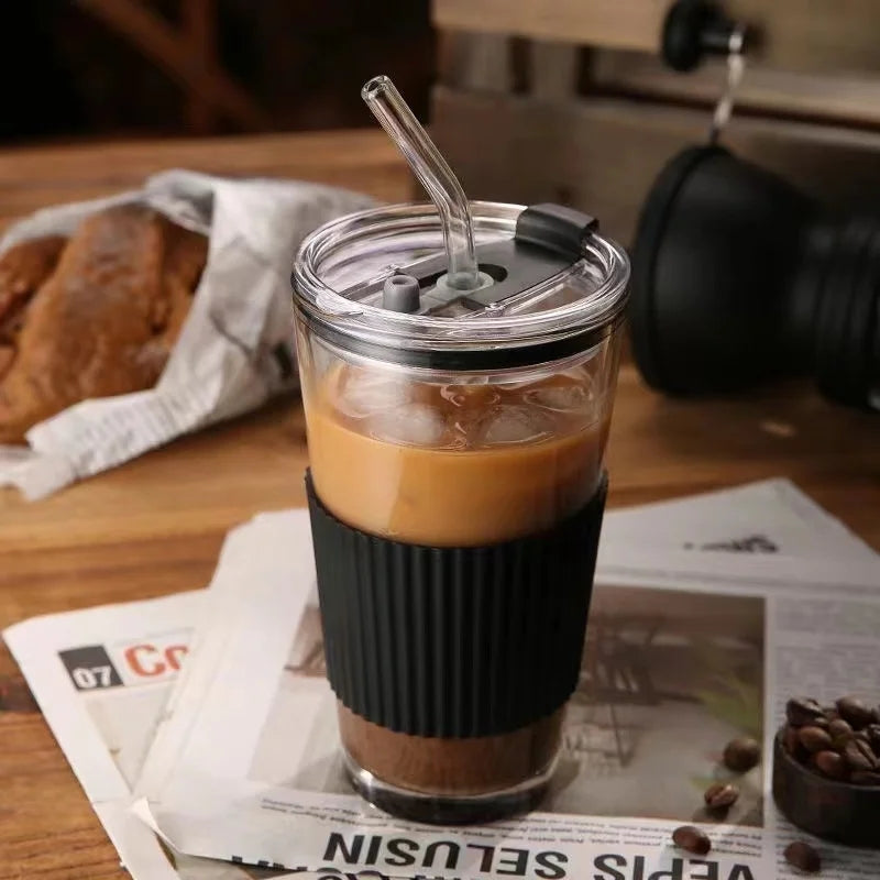 Coffee Cup Glass with Lid & Straw