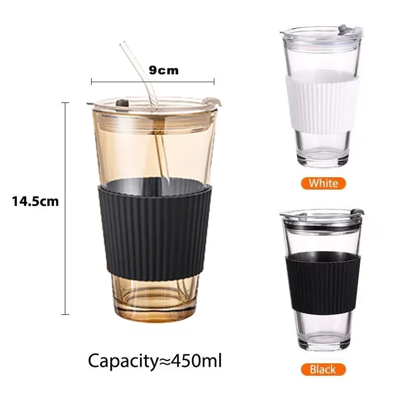 Coffee Cup Glass with Lid & Straw