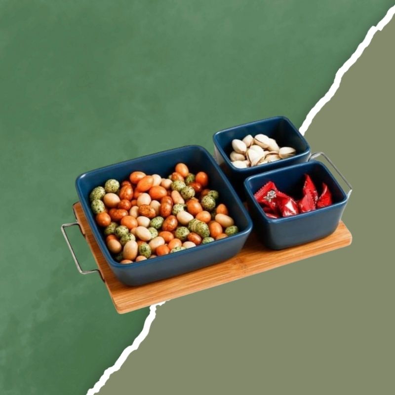 Ceramic Serving Dish with Wooden Tray