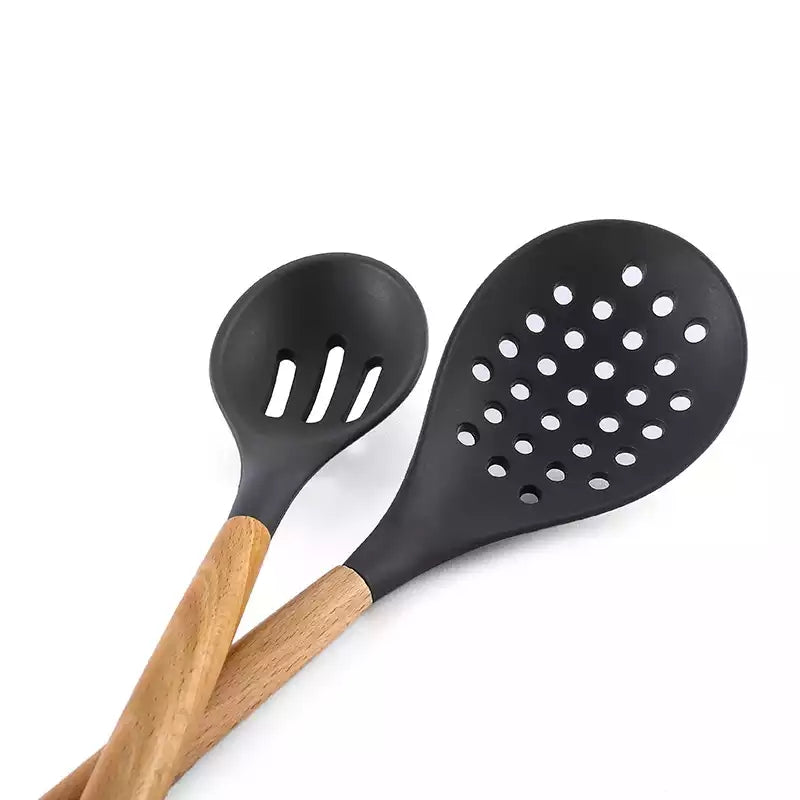 Silicone Spoon Set Wooden Handle Grey