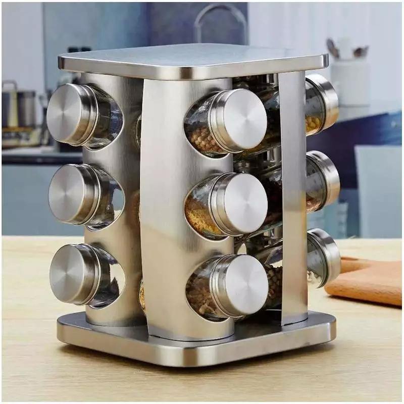 Kitchen Stainless Steel Spice Rack Revolving Base 12 bottle set - Bamagate