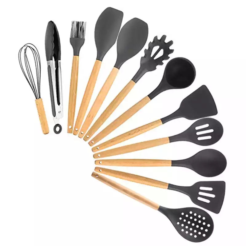 Silicone Spoon Set Wooden Handle Grey