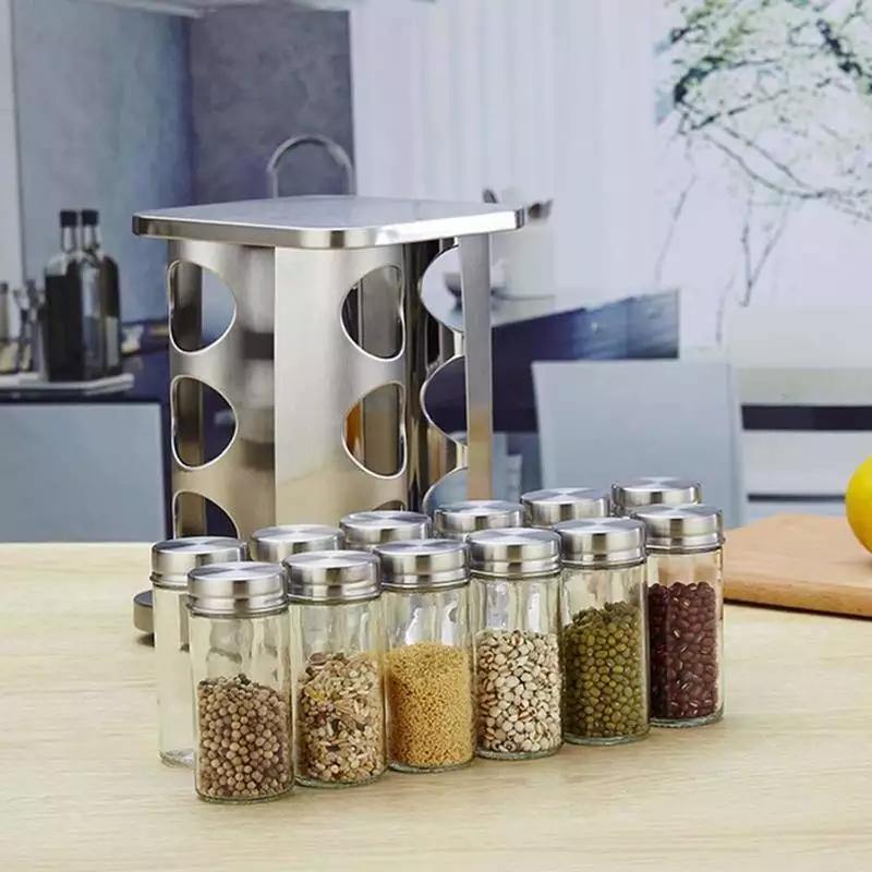 Kitchen Stainless Steel Spice Rack Revolving Base 12 bottle set - Bamagate